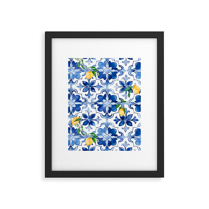 Blue tiles,mosaic,Mediterranean tiles,majolica art ,lemon ,citrus, Framed Art Print Gallery Image 1