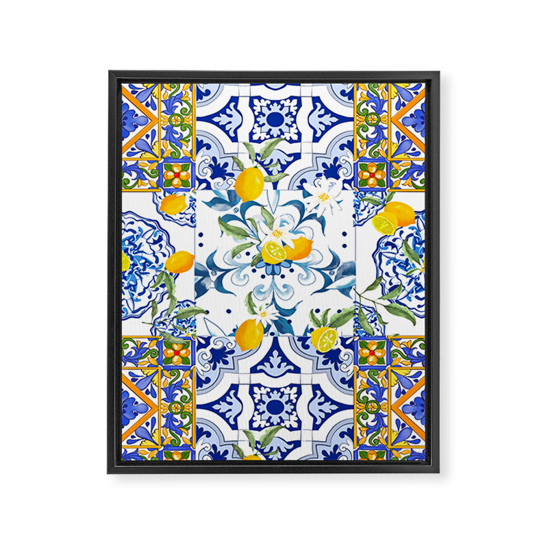 Summer, citrus ,Mediterranean style ,flowers,lemon fruit pattern  Framed Canvas Print Gallery Image 6