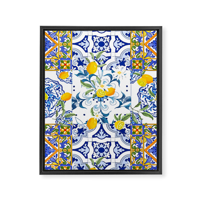 Summer, citrus ,Mediterranean style ,flowers,lemon fruit pattern  Framed Canvas Print Gallery Image 1