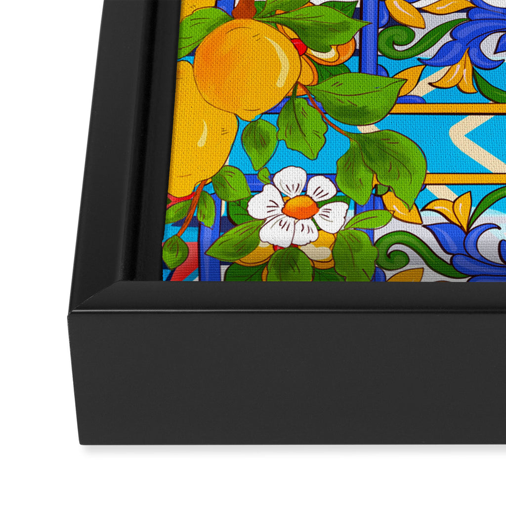 Summer ,Sicilian tiles ,citrus,lemons Mediterranean Pattern  Framed Canvas Print Gallery Image 3