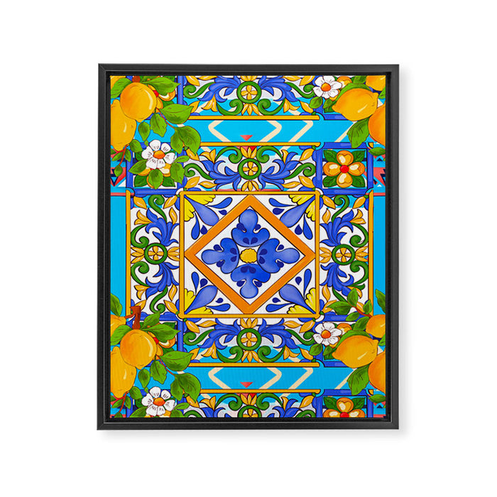 Summer ,Sicilian tiles ,citrus,lemons Mediterranean Pattern  Framed Canvas Print Gallery Image 1