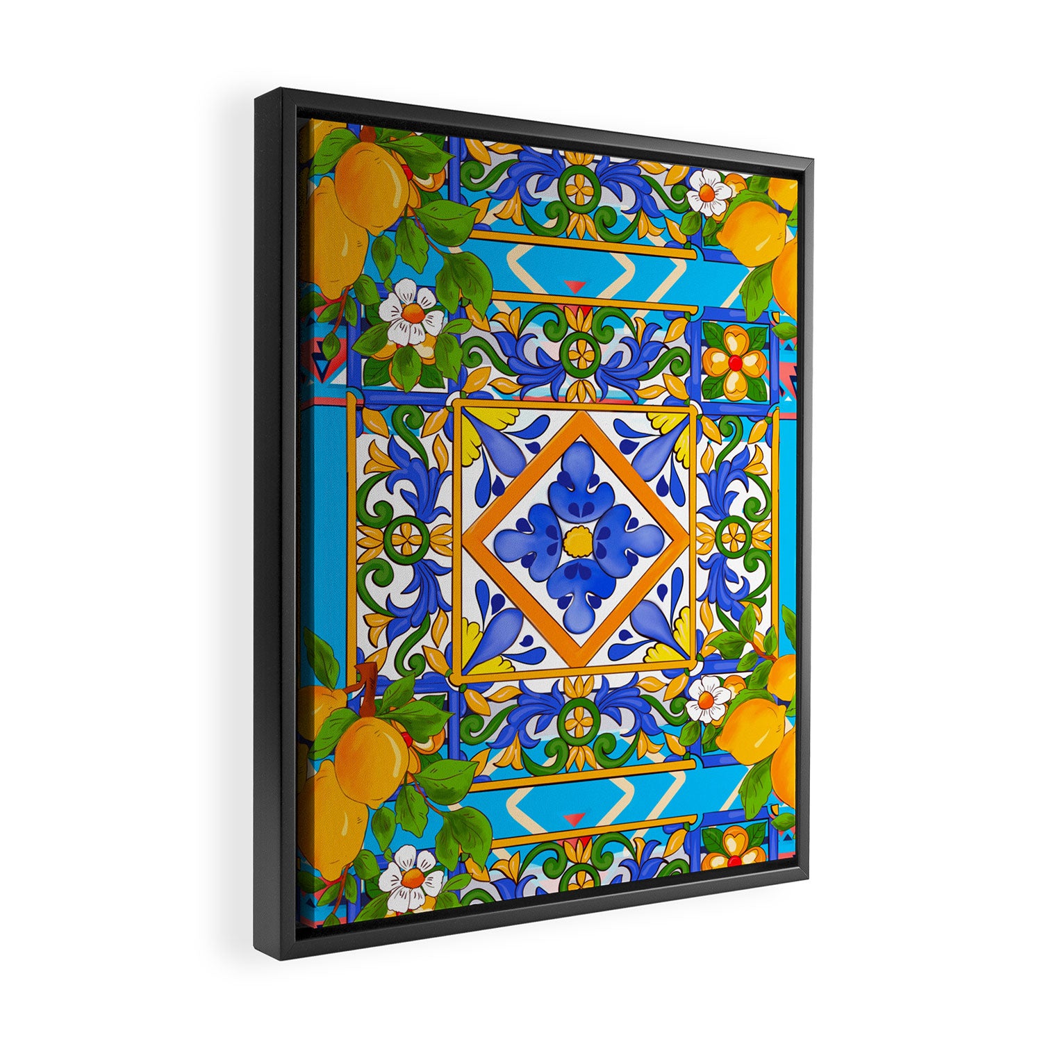 Summer ,Sicilian tiles ,citrus,lemons Mediterranean Pattern  Framed Canvas Print Gallery Image 2