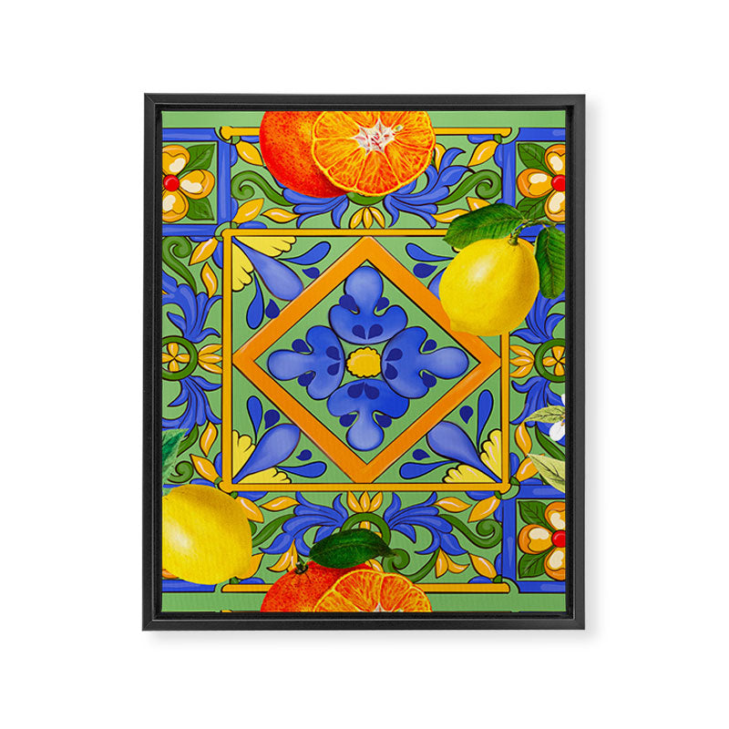 Summer ,Sicilian tiles ,citrus,oranges,majolica,lemons ,Mediterranean  Framed Canvas Print Gallery Image 6