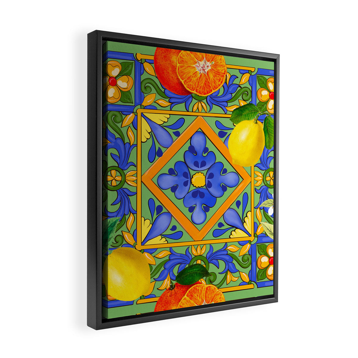 Summer ,Sicilian tiles ,citrus,oranges,majolica,lemons ,Mediterranean  Framed Canvas Print Gallery Image 2