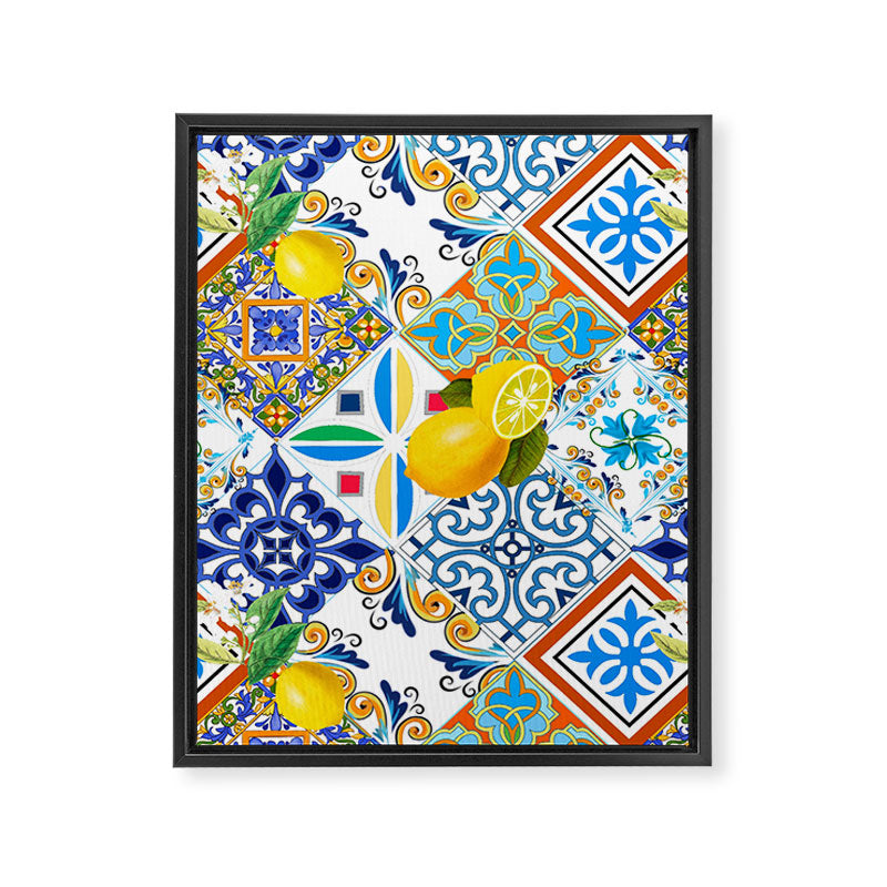 Tiles,mosaic,azulejo,quilt,Portuguese,majolica,lemons,citrus. Framed Canvas Print Gallery Image 6