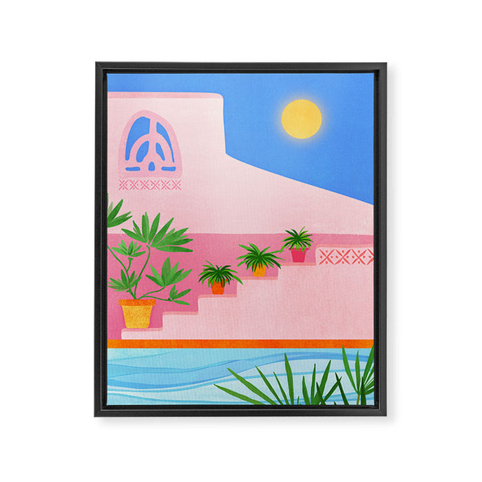 Belize Poolside Colorful Landscape Illustration Framed Canvas Print Gallery Image 1