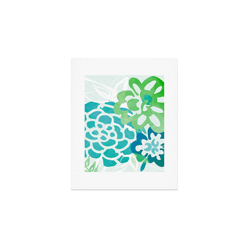 Blue and Green Coastal Floral Watercolor Art Print Gallery Image 1