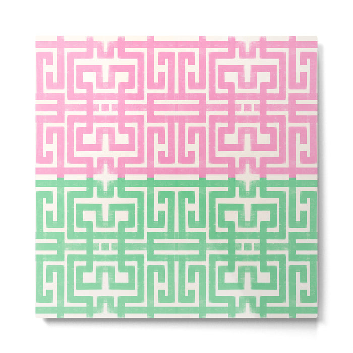 Geometric Maze Pattern in Pink and Green Metal Print Gallery Image 1