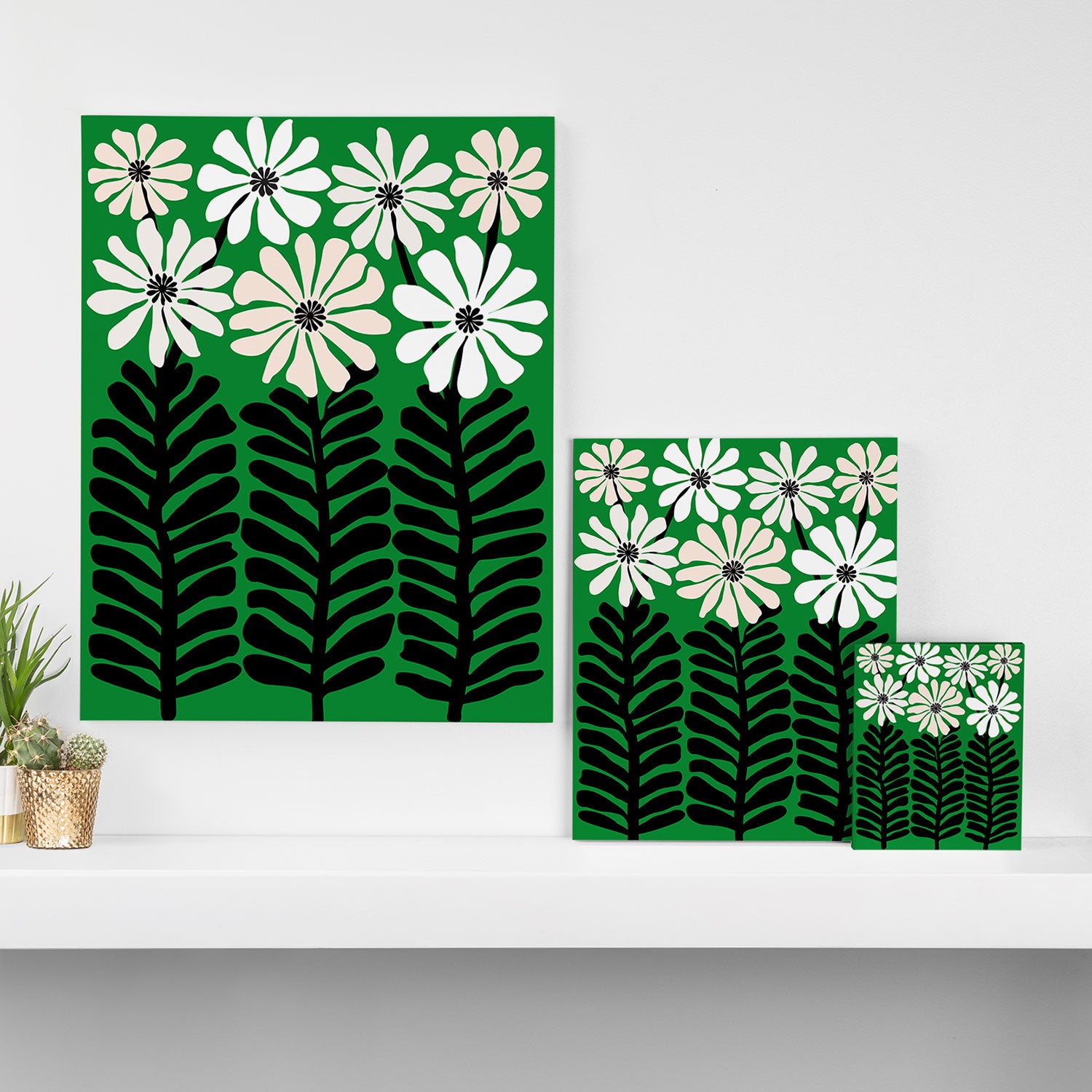 Mod Flower Garden - Black and White on Green Canvas Print Gallery Image 3