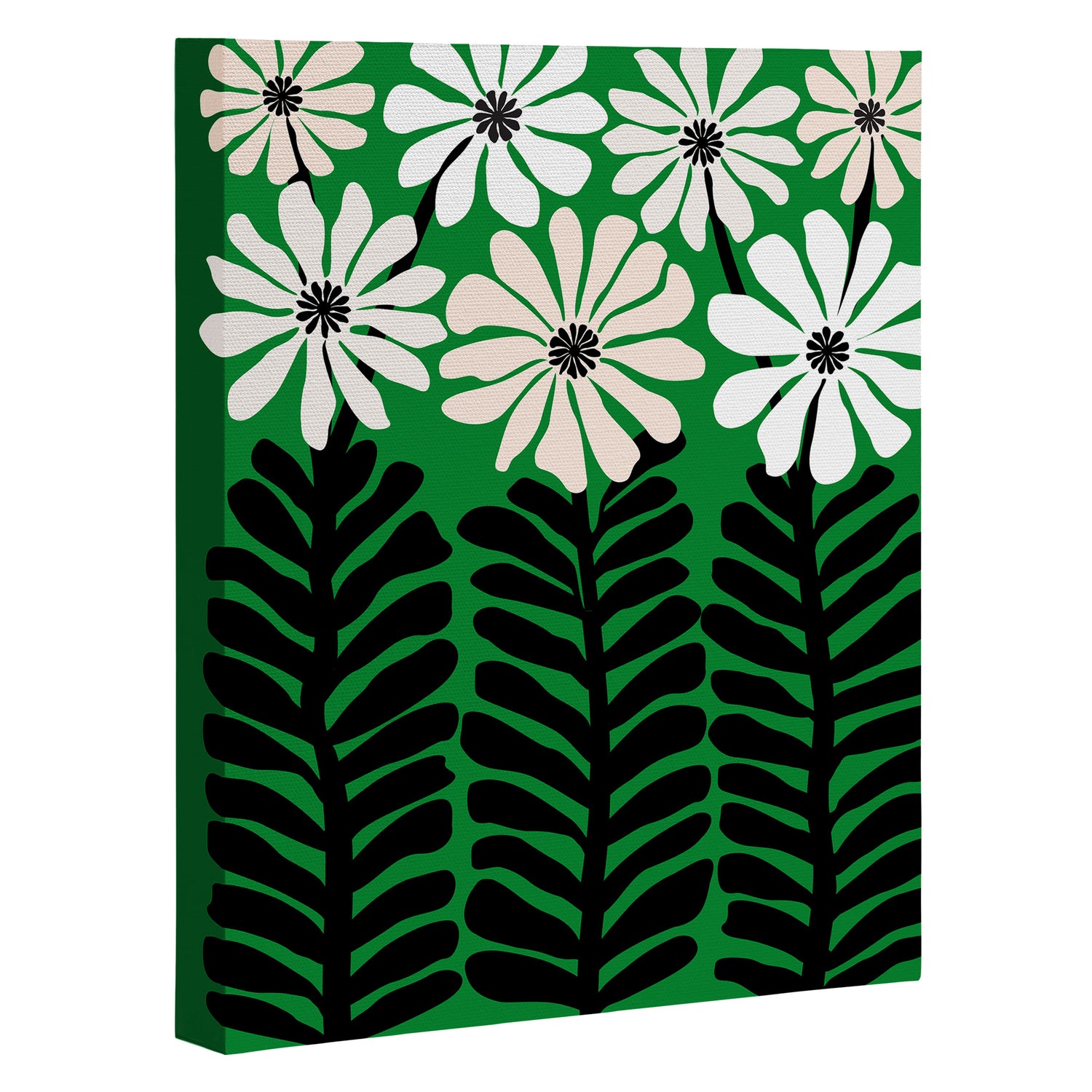 Mod Flower Garden - Black and White on Green Canvas Print Gallery Image 3