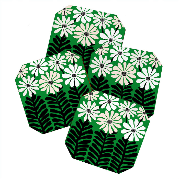 Mod Flower Garden - Black and White on Green Coaster Gallery Image 1