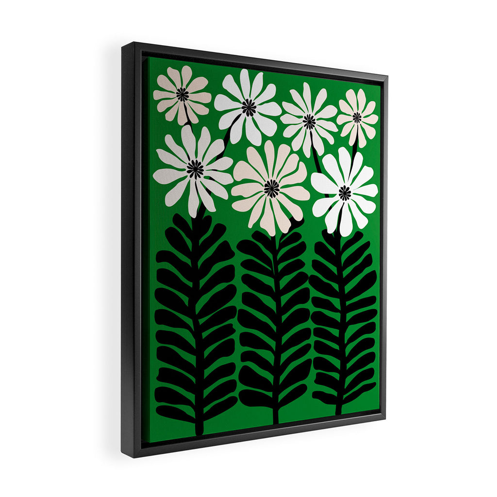 Mod Flower Garden - Black and White on Green Framed Canvas Print Gallery Image 2