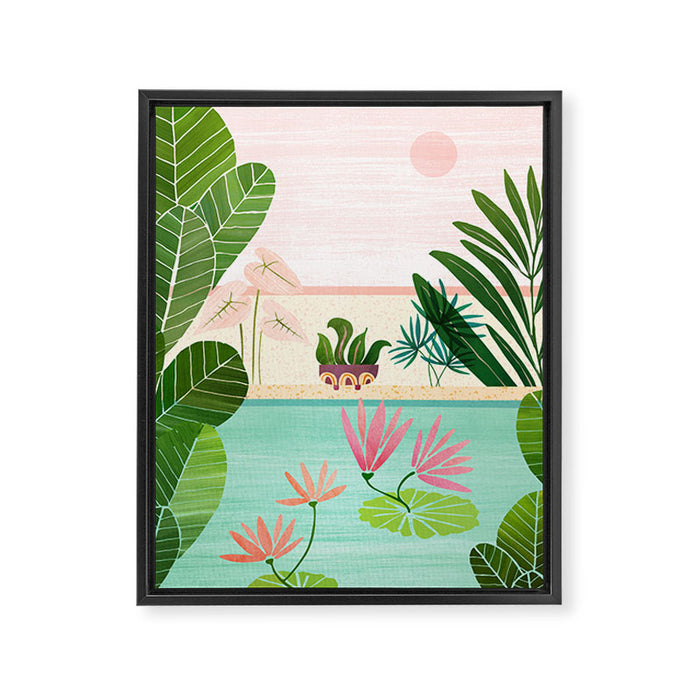 Morocco Meditation Garden - Pink and Green Landscape Framed Canvas Print Gallery Image 1