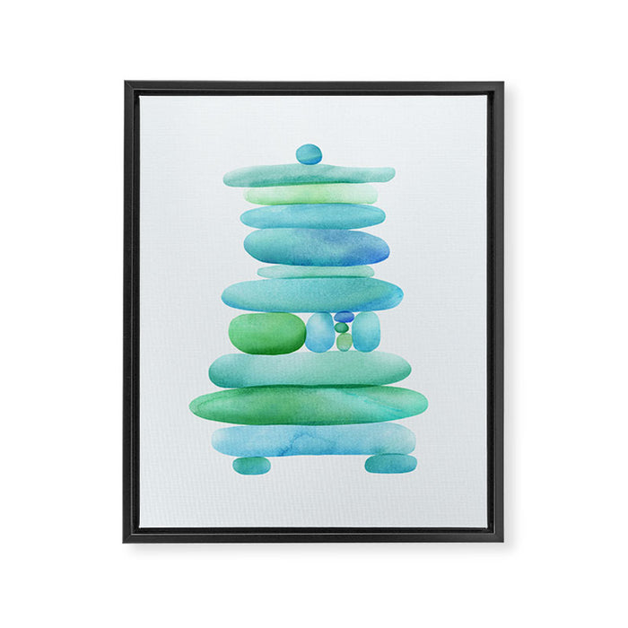 Sea Glass Cairn Watercolor - Teal and Blue Framed Canvas Print Gallery Image 1