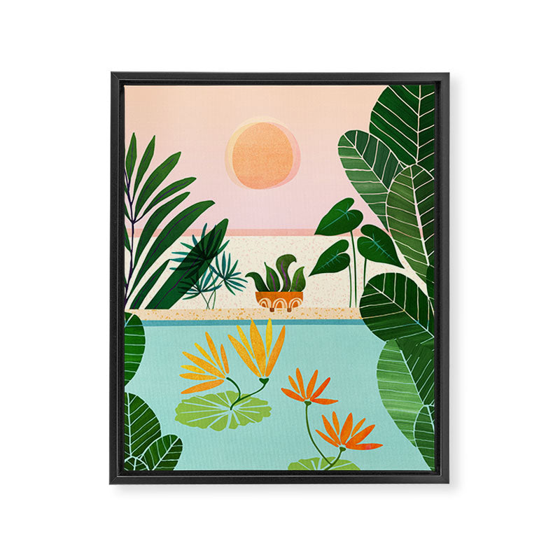 Shangri La Sunrise Tropical Poolside Scene Framed Canvas Print Gallery Image 6