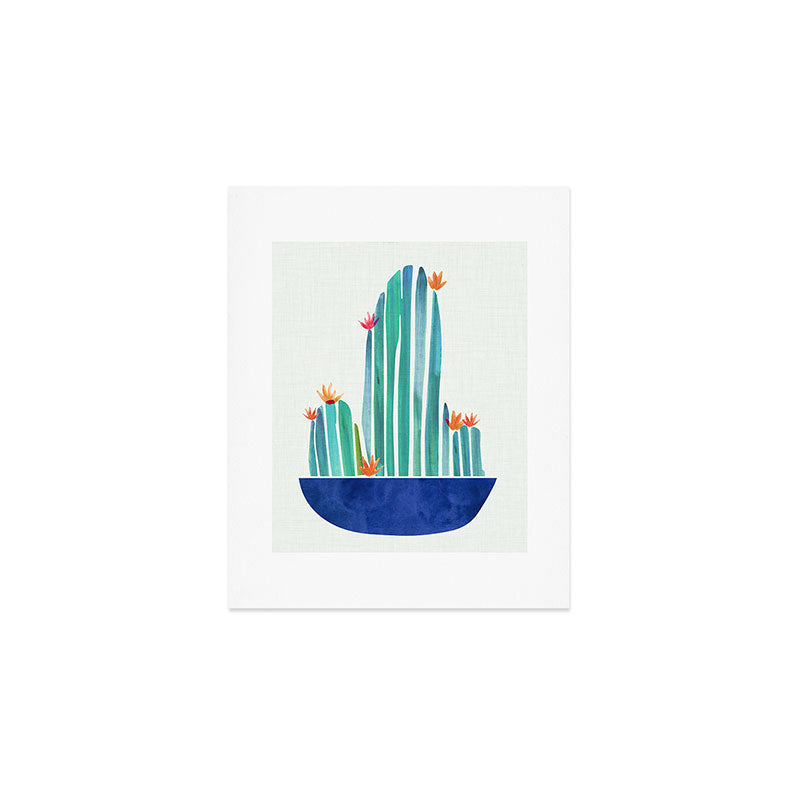 Spring Cactus Blossoms with Indigo Terra Cotta Art Print Gallery Image 1
