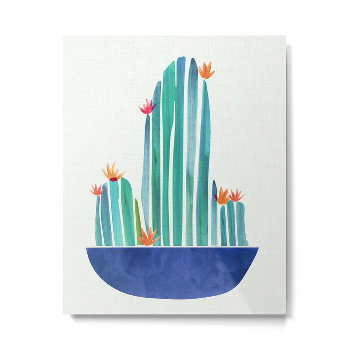 Spring Cactus Blossoms with Indigo Terra Cotta Metal Print Gallery Image 1