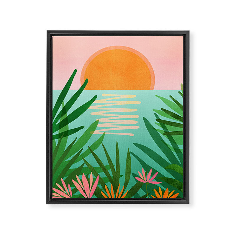 Tropical Views - Pink and Green Landscape Illustration Framed Canvas Print Gallery Image 6