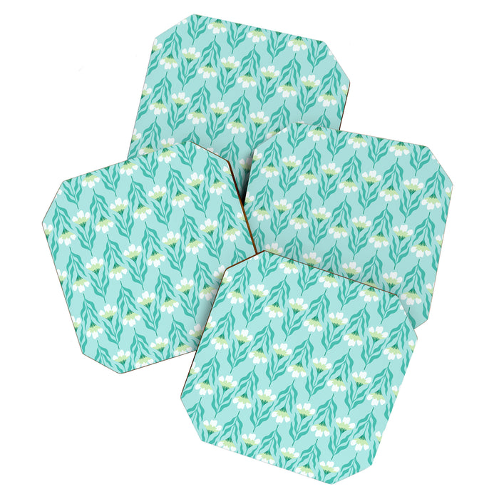 White Blossom Floral Pattern With Mint Green Background Coaster Gallery Image 1