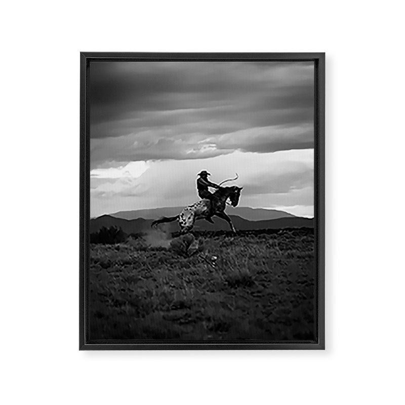 Black and White Cowboy Being Bucked Off Framed Canvas Print