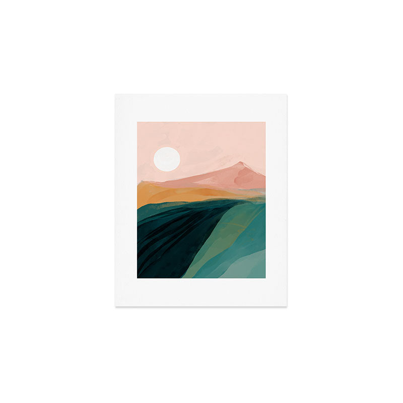 pink, green, gold moon watercolor mountains Art Print Gallery Image 1