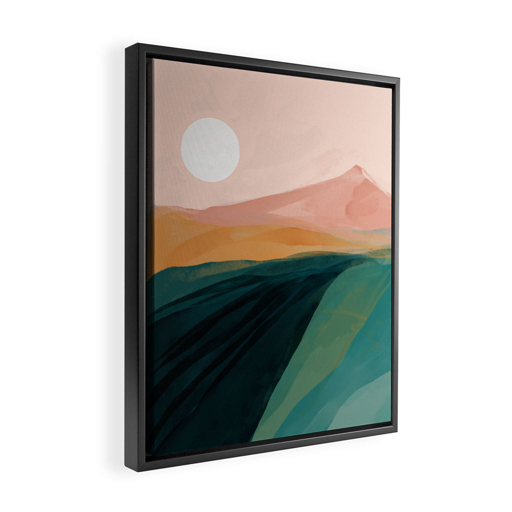 pink, green, gold moon watercolor mountains Framed Canvas Print Gallery Image 2