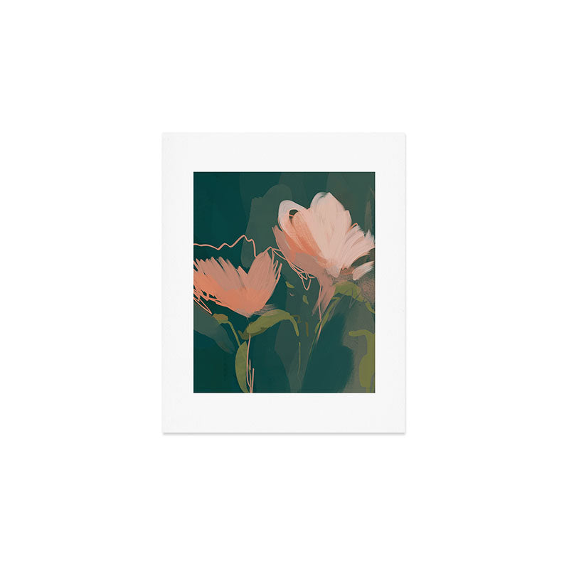 Pink Pastel Flowers On Green Canvas. Art Print Gallery Image 1