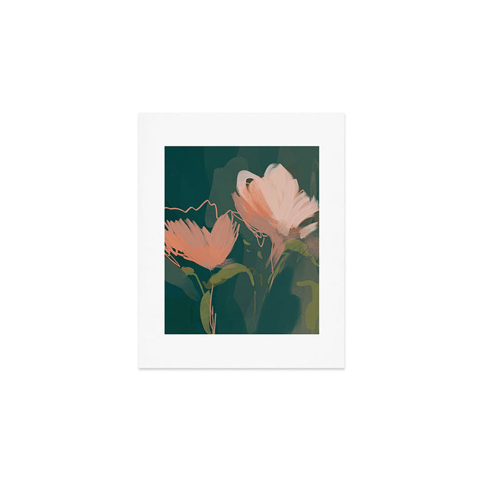 Pink Pastel Flowers On Green Canvas. Art Print Gallery Image 1
