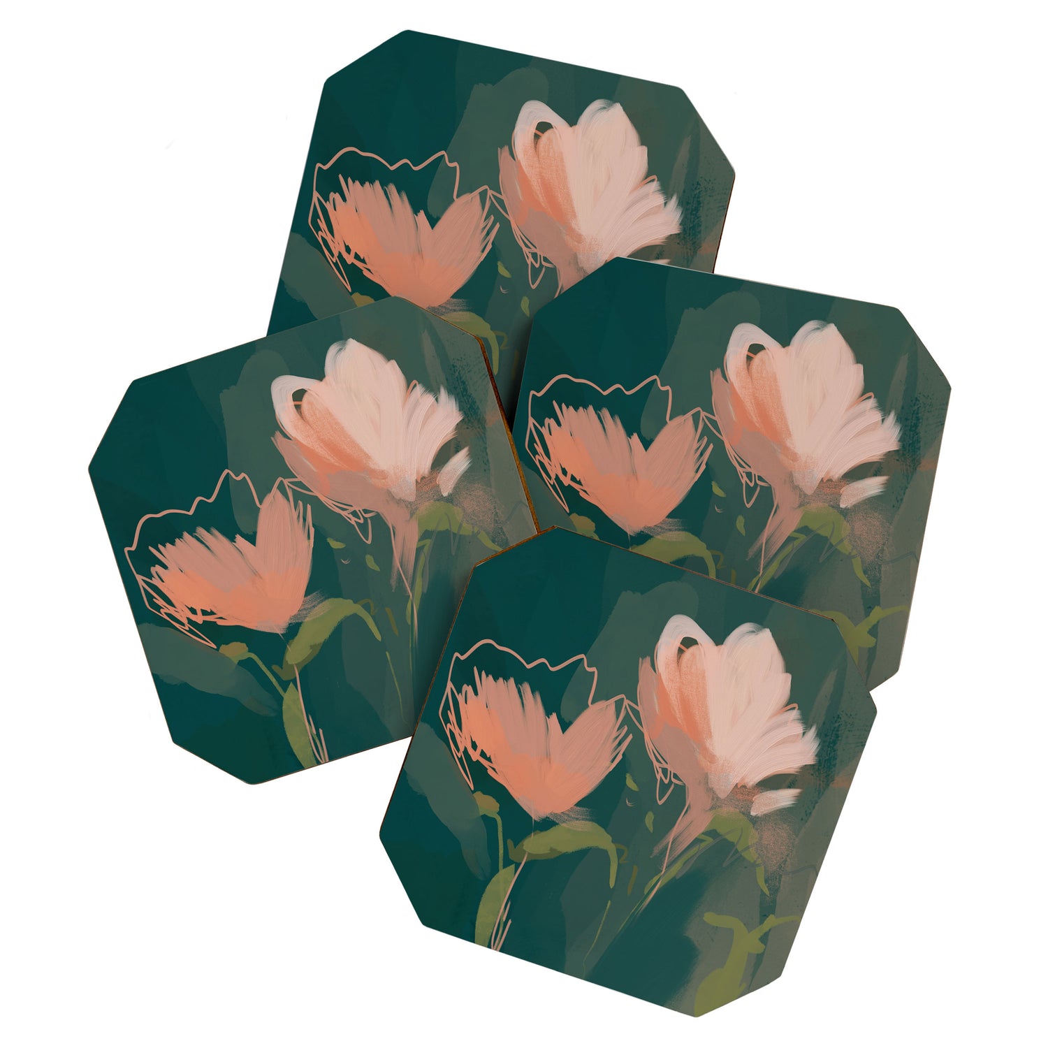 Pink Pastel Flowers On Green Canvas. Coaster Gallery Image 1