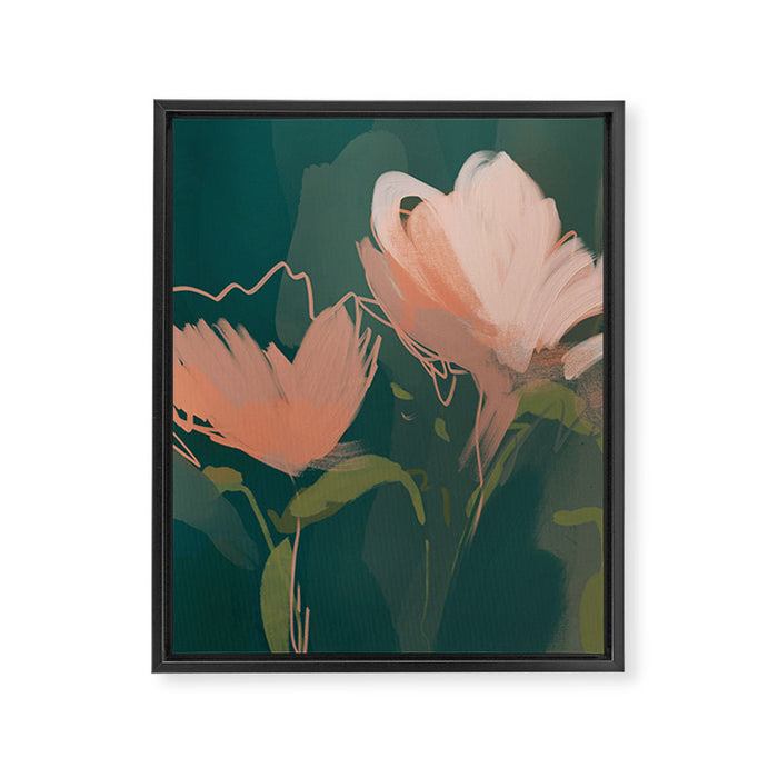 Pink Pastel Flowers On Green Canvas. Framed Canvas Print Gallery Image 1