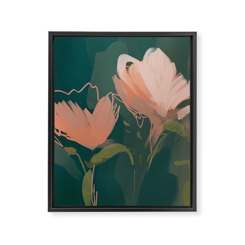 Pink Pastel Flowers On Green Canvas. Framed Canvas Print Gallery Image 8