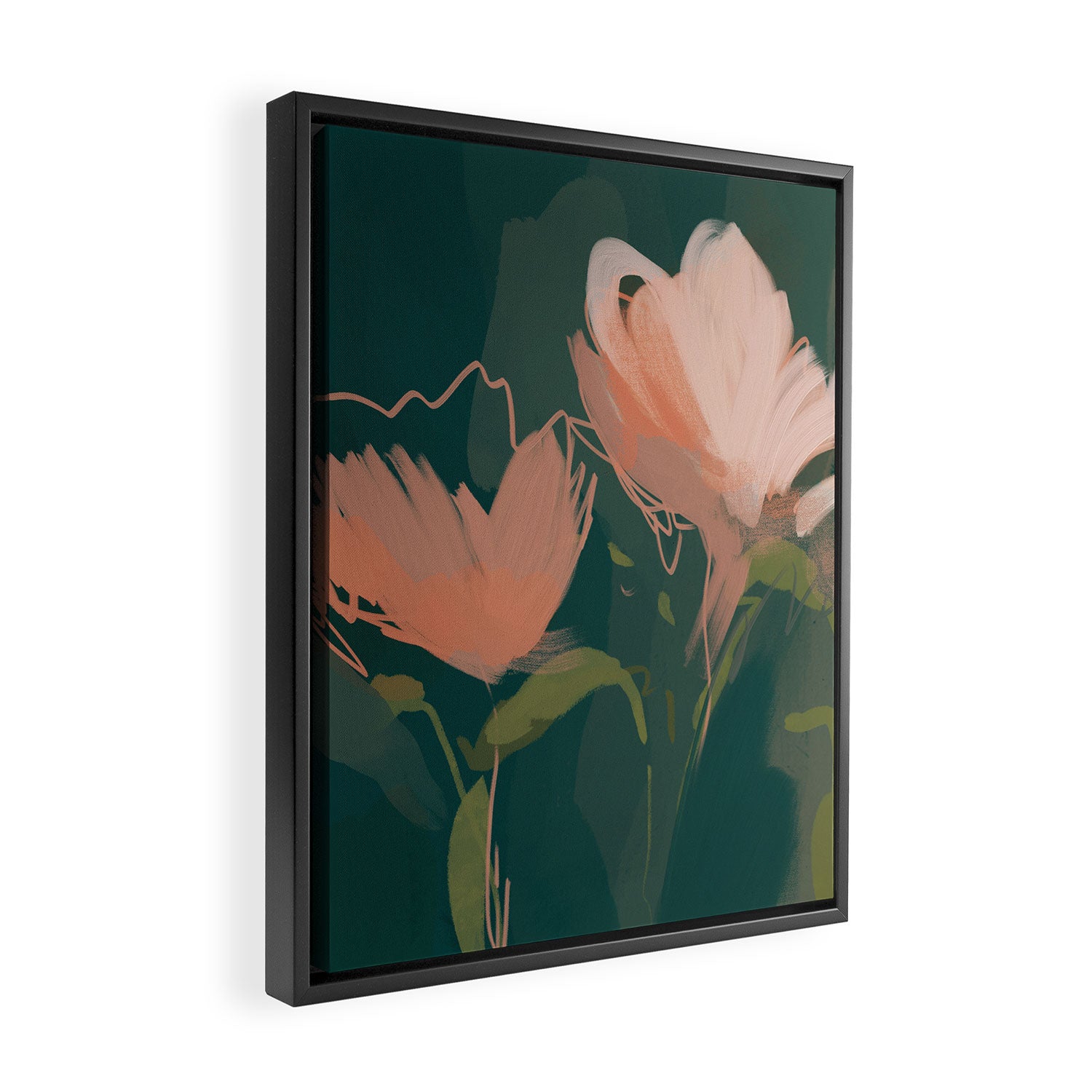 Pink Pastel Flowers On Green Canvas. Framed Canvas Print Gallery Image 2