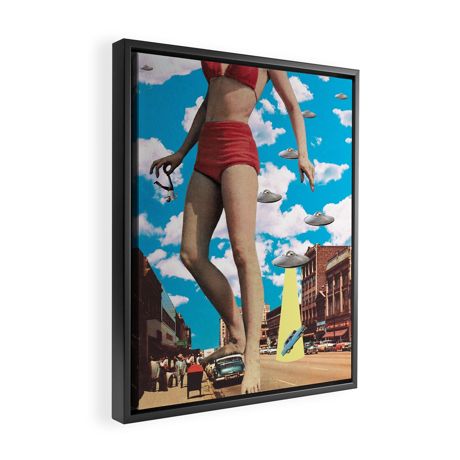 She's arrived (Giant woman & UFO) Framed Canvas Print Gallery Image 2
