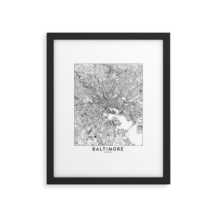 Baltimore White Map Framed Art Print Gallery Image 1