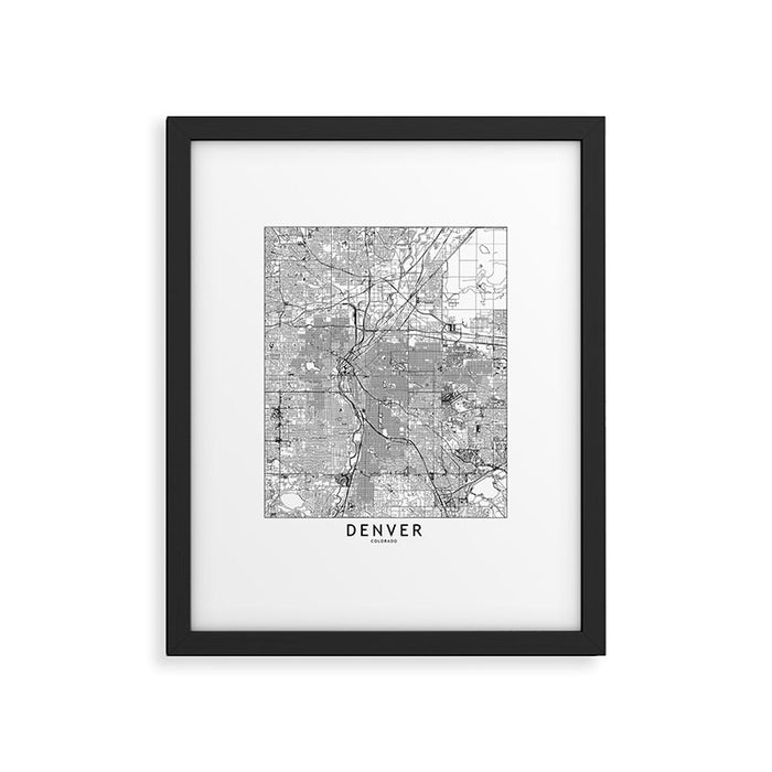 Denver White Map Framed Art Print Gallery Image 1