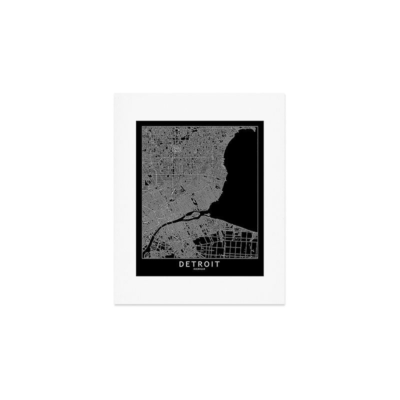 Detroit Black Map Art Print Gallery Image 1
