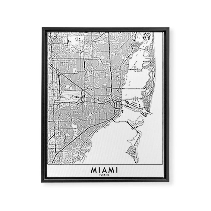 Miami White Map Framed Canvas Print Gallery Image 1