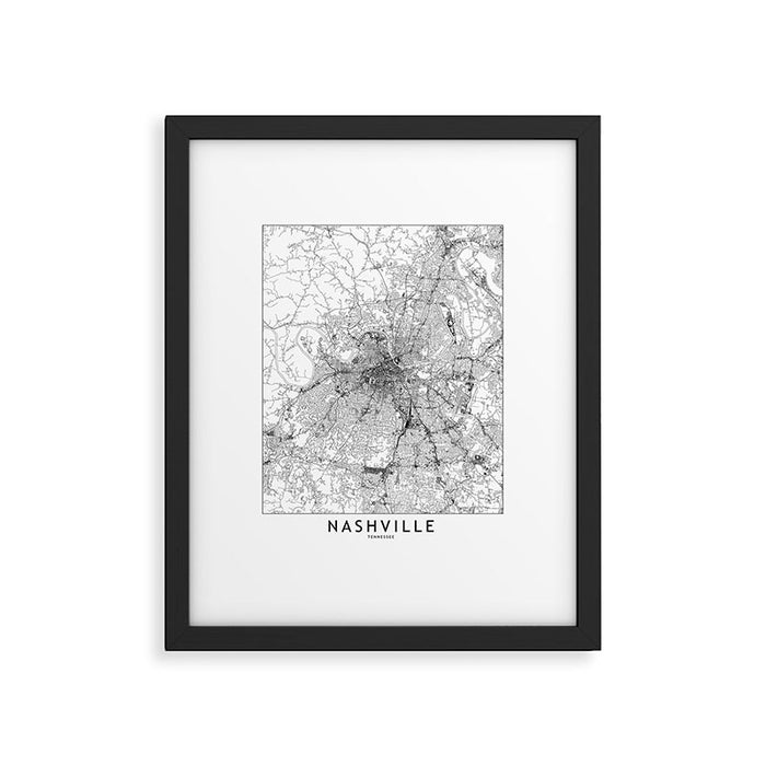 Nashville White Map Framed Art Print Gallery Image 1