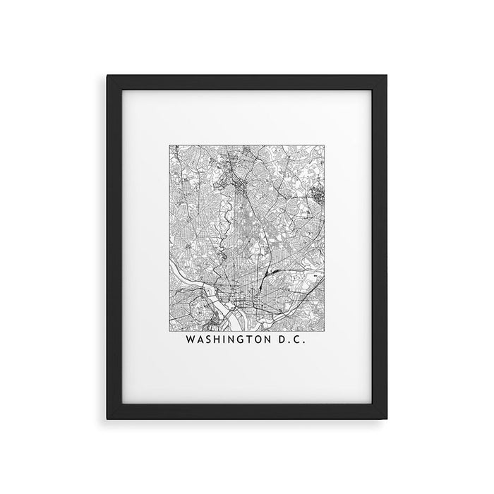 Washington DC White Map Framed Art Print Gallery Image 1