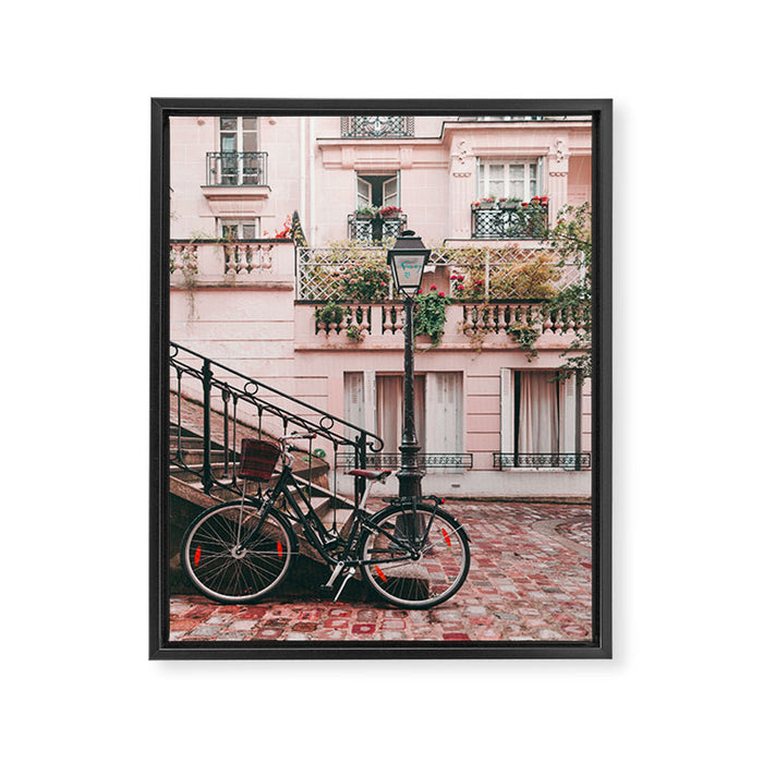 Bike in Paris Pink City Photography  Framed Canvas Print Gallery Image 1
