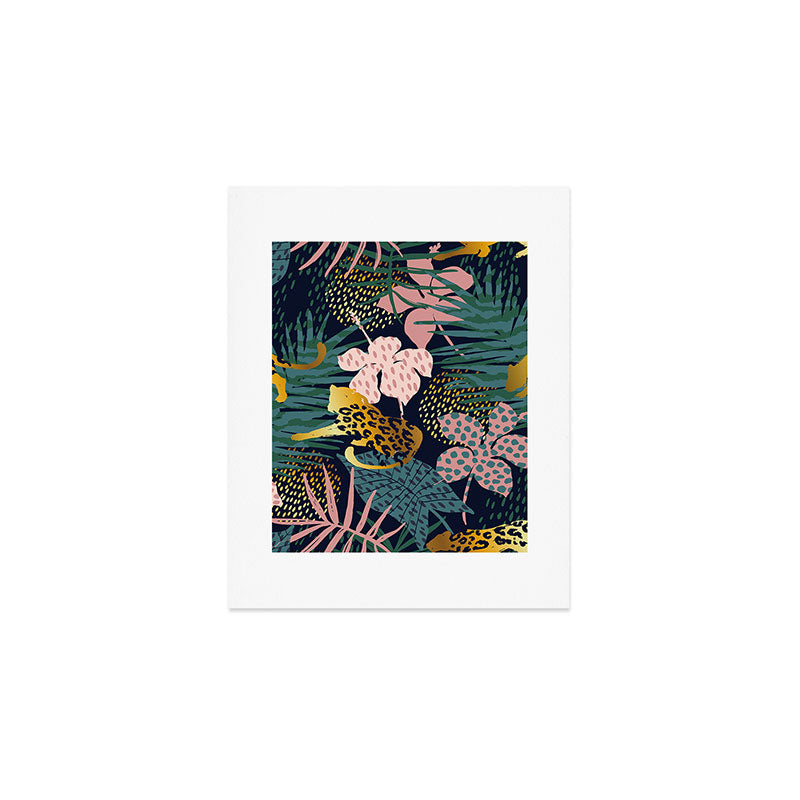 Exotic Golden Jungle Leopard & Pink Palm Leaf Geometric Pattern Art Print Gallery Image 1