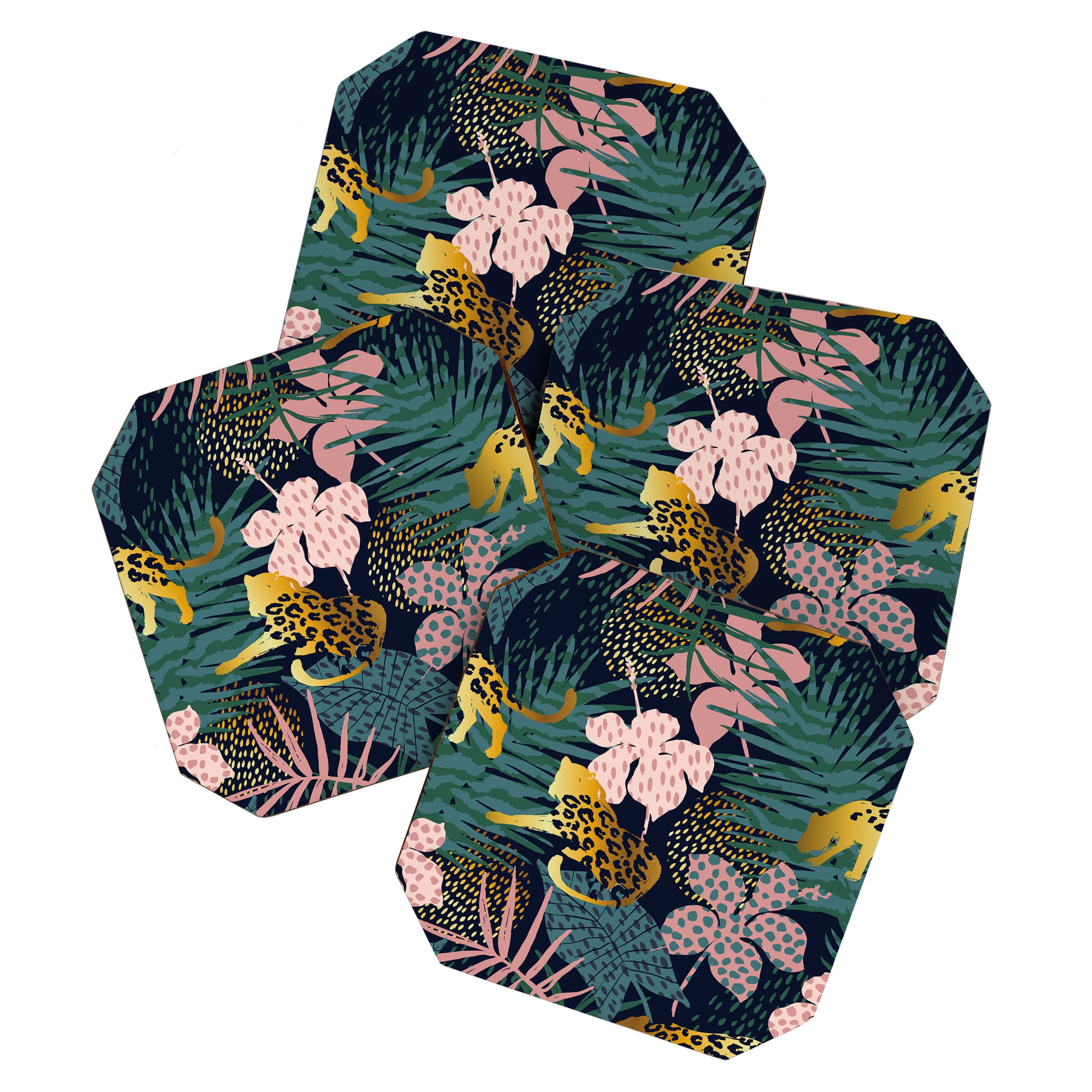 Exotic Golden Jungle Leopard & Pink Palm Leaf Geometric Pattern Coaster Gallery Image 1