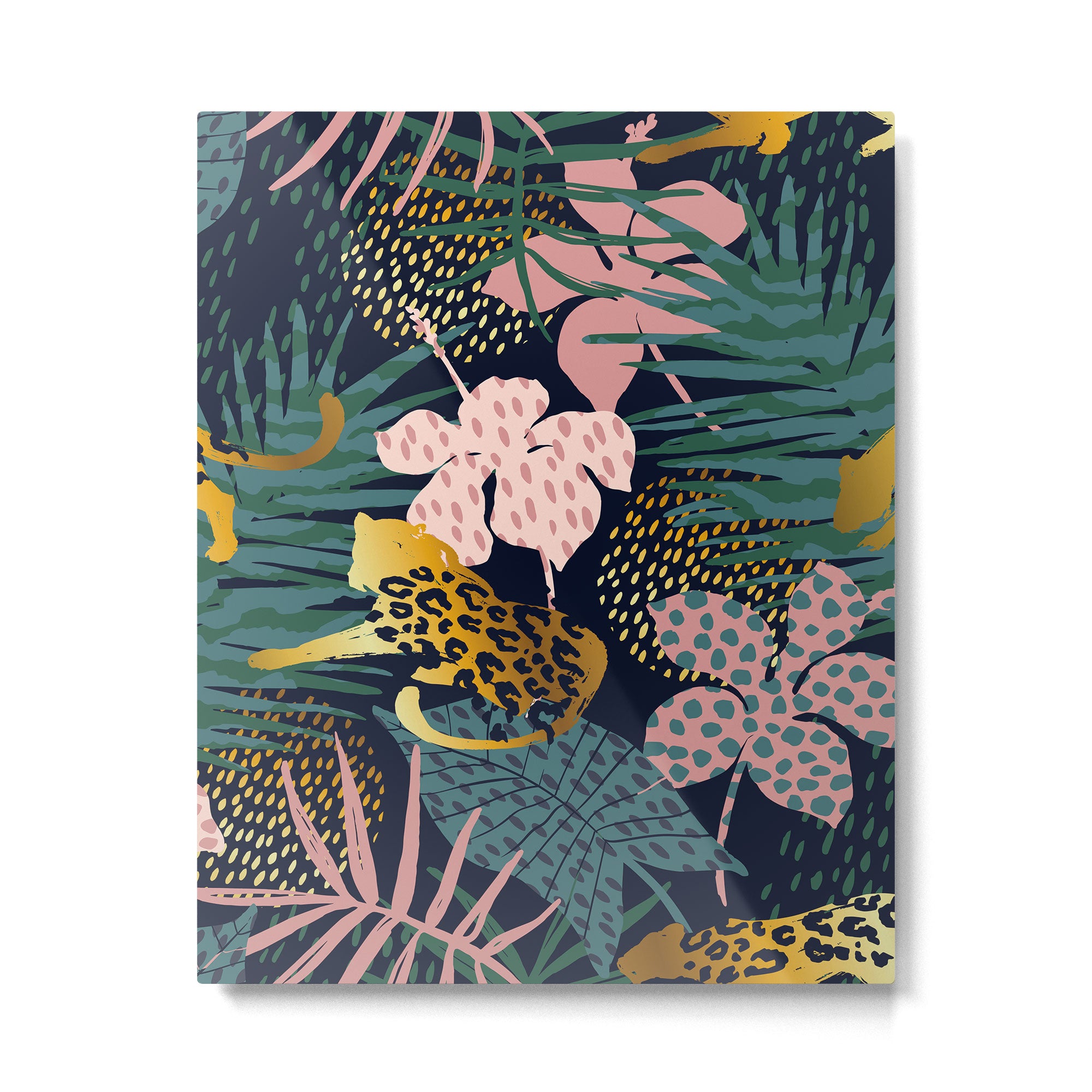 Exotic Golden Jungle Leopard & Pink Palm Leaf Geometric Pattern Metal Print Gallery Image 6