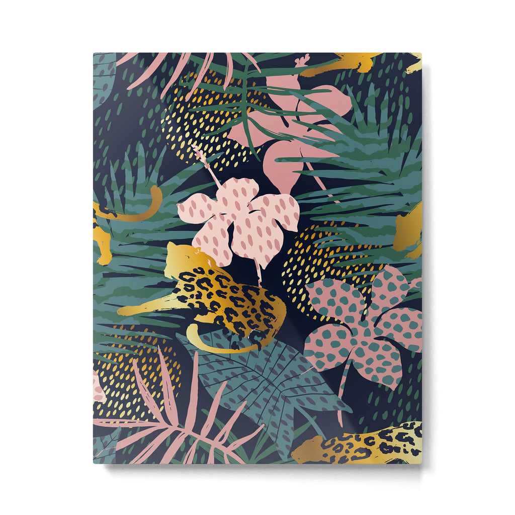 Exotic Golden Jungle Leopard & Pink Palm Leaf Geometric Pattern Metal Print Gallery Image 1