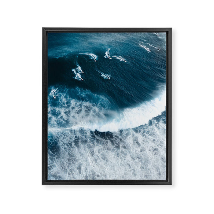 Aerial Surf Print - Surfers Riding Big Ocean Wave Framed Canvas Print Gallery Image 1