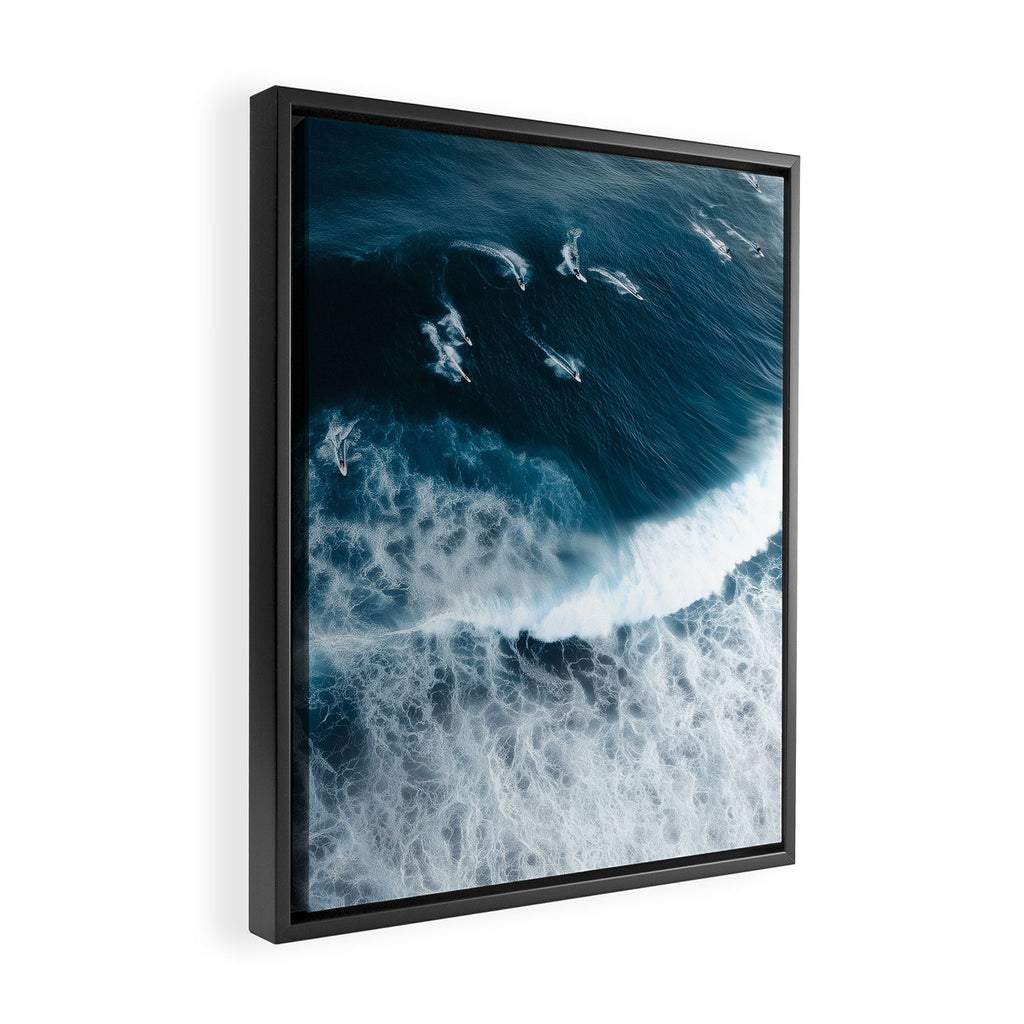 Aerial Surf Print - Surfers Riding Big Ocean Wave Framed Canvas Print Gallery Image 2