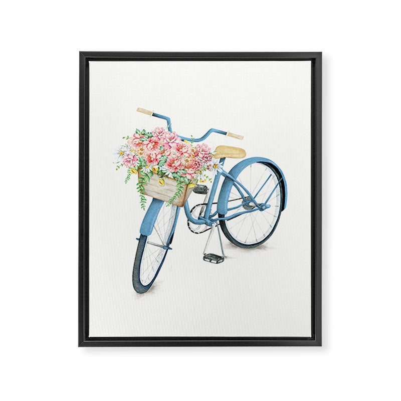 Blue Bicycle with Flowers in Basket Framed Canvas Print Gallery Image 6
