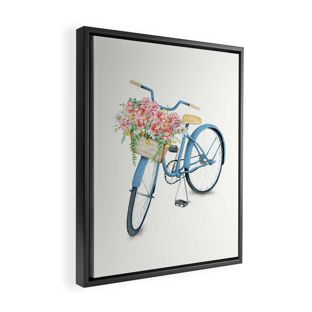 Blue Bicycle with Flowers in Basket Framed Canvas Print Gallery Image 2