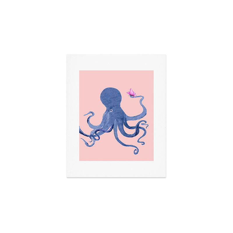 Blue Octopus and Butterfly Art Print Gallery Image 1
