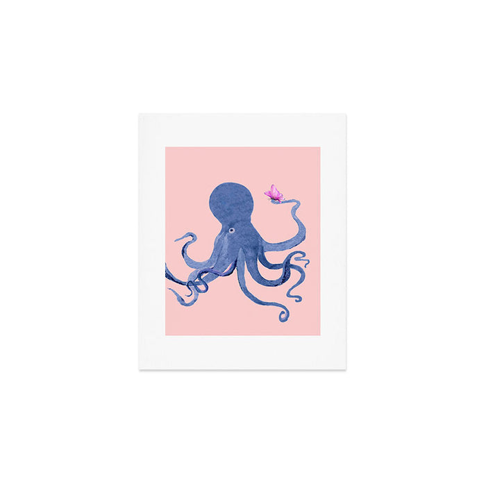 Blue Octopus and Butterfly Art Print Gallery Image 1
